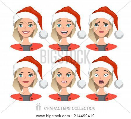 Vector illustration of businesswoman many faces emotions with santa hat.