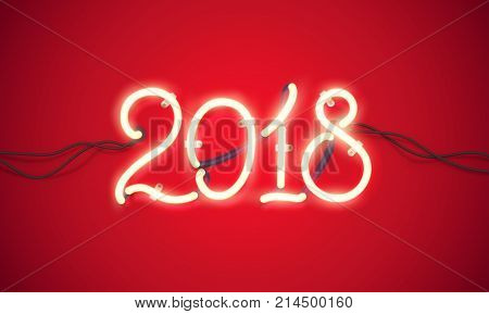 Glowing neon sign 2018 with wires, tubes and brackets. Vector element for New Year card, logo or other design.