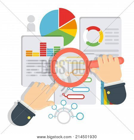 Schedule concept illustration. Hands with magnigying glass checking the agenda.