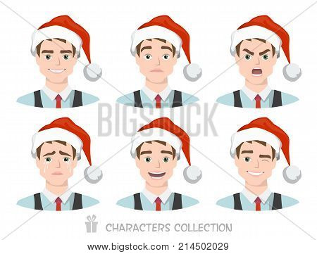 Vector illustration of businessman many faces emotions with santa hat.