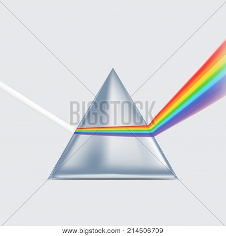 Realistic Detailed 3d Spectrum Prism and Light Rays on a Grey Background Symbol of Experiment Education and Research Science. Vector illustration