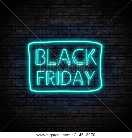Black Friday Neon Light on Brick Wall. Sale Banner in Night Club Bar Blinking Sign Style. 3d render illustration.
