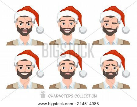 Vector illustration of businessman many faces emotions with santa hat.