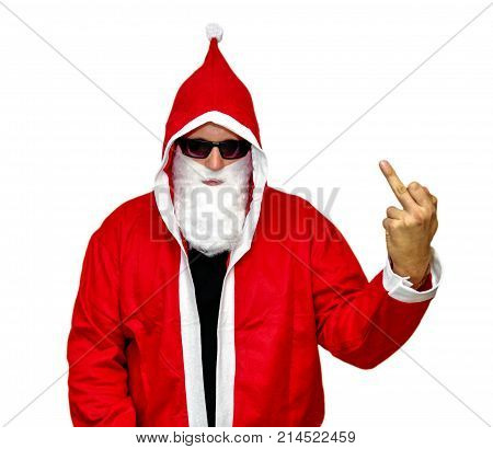 Men in Santa Claus costume with middle finger up on white backround