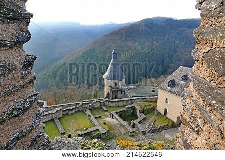 Bourscheid castle walls and tower in Luxembourg