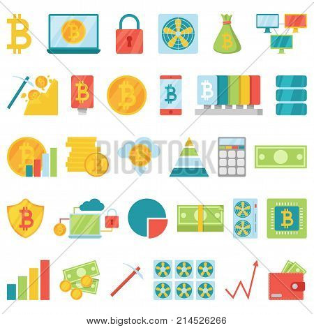 Bitcoin mining money icons vector virtual crypto currence blockchain finance internet business bit cryptocurrency coins traiding investment illustration exchange concept.