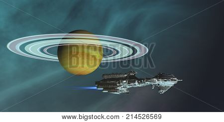 Space Frigate Freighter 3d illustration - A spaceship hauls freight from an outpost colony on one of Saturn's moons in the future of space travel.