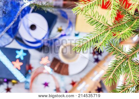 Fir Branches On A Background Package Of Christmas Gift Box. Christmas Christmas Wrapping Paper, Ribb
