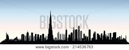 City Dubai skyline. UAE Urban cityscape. United Arab Emirates skyscraper buildings silhouette