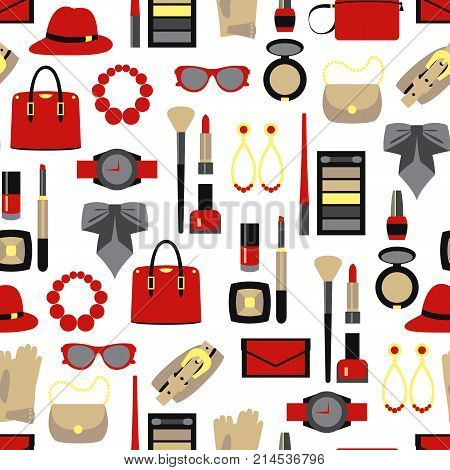 Vector color seamless pattern of women accessories and cosmetics