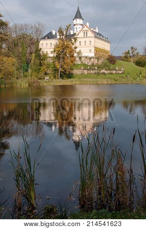 Old and historic castle Radun in the mirror of the pond, Northern Moravia, Czech Republic