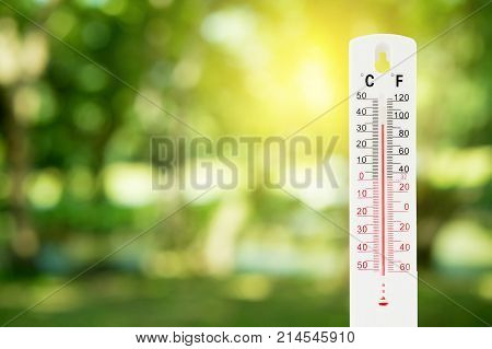 Thermometer On A Green Nature Background And Temperature Measuring, Environment Concept.
