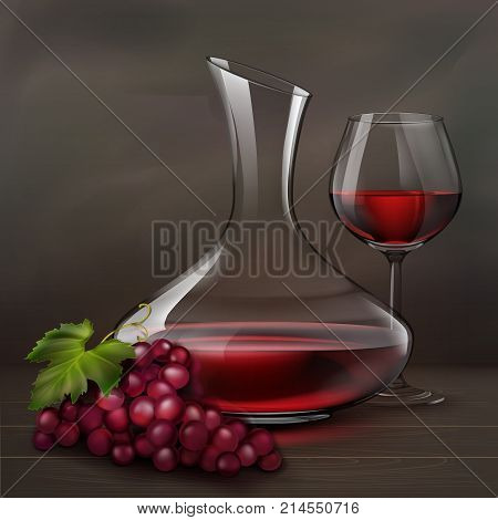 Vector illustration. Glass of red wine next to decanter and bunch of grapes on wood table