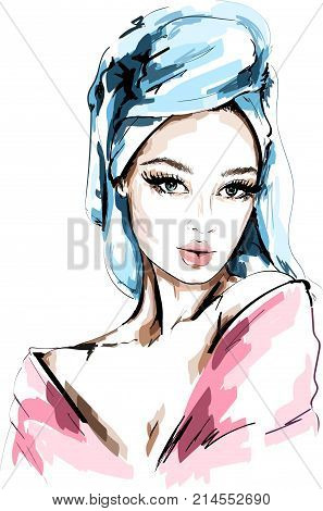 Hand drawn beautiful woman portrait. Fashion woman with bath towel on her head. Sketch. Vector illustration.