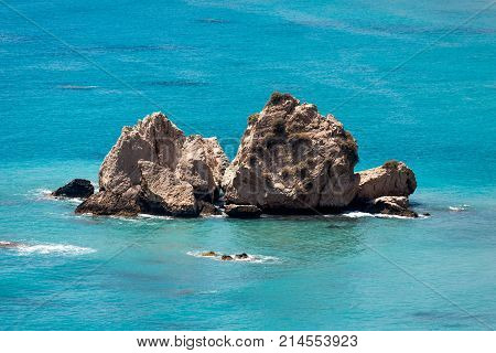 Large rocks in Mediterranean sea near Aphrodite rock in Cyprus coast between Limassol and Paphos