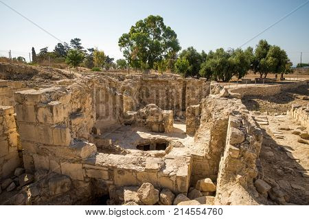 One of the rooms with a large hole in the floor in ancient ruins of Amathus city Limassol Cyprus