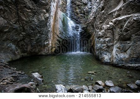 Millomeris waterfall and a water pool view near Platres central Cyprus