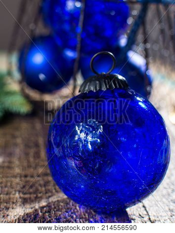 Old Vintage Cobalt Blue Christmas Tree Balls From Glass