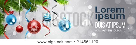Horizontal Banner With Colorful Balls Hanging From Christmas Tree Branch Over Grittering Background Holiday Decoration Concept Vector Illustration