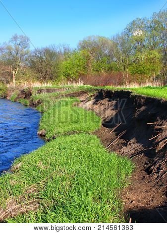 River bank erosion often occurs along meander bends such as this one in the Kishwaukee River in northern Illinois