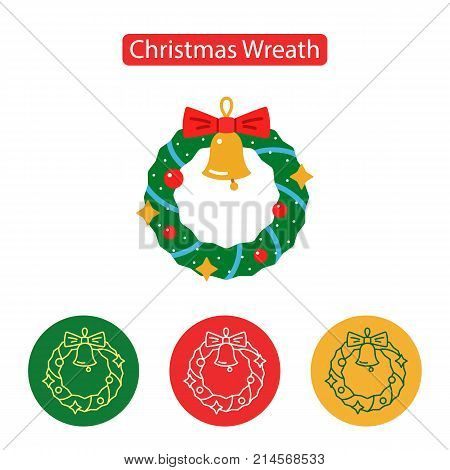 Christmas wreath with bell icon on white background. New year Chrismas object isolated on white background. Graphic for Web Design. Winter holidays vector illustration, flat style.