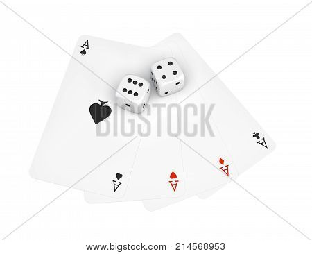 3d rendering of two white dice with four different ace playing cards isolated on a white background. Gambling and betting. Throw dice. Casino accessories.