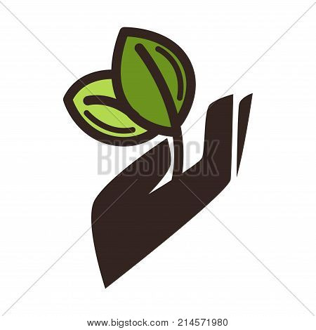 Green leaf in hand eco logo template for gardening or ecology and environment protection concept. Vector isolated symbol icon of plant sprout for earth nature conservation or planting design