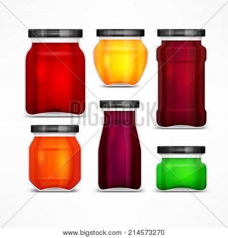 Set of natural jam preserves glass jars and metallic lids isolated on white vector illustration