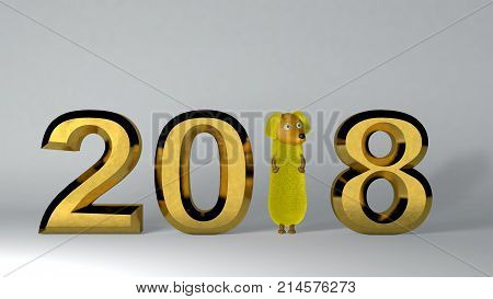 2018 new year golden background and dog. 3D rendering.