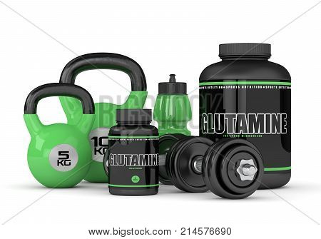 3D Render Of Glutamine With Kettlebells And Dumbbells