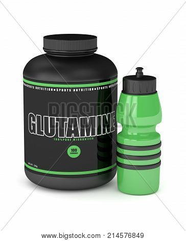 3D Render Of Glutamine Powder With Drink Bottle