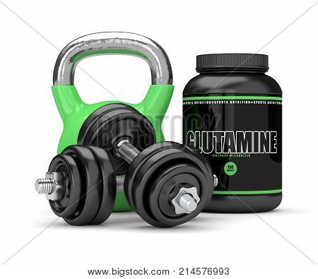 3D Render Of Glutamine Powder With Kettlebell And Dumbbells