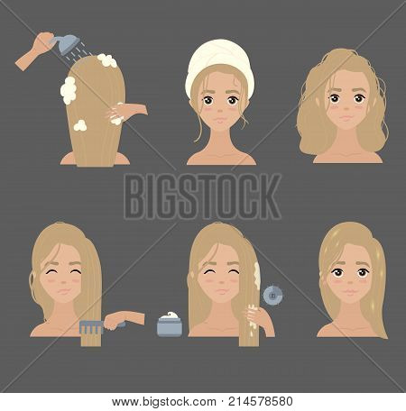 Young girl treat and style her hair at home. Hair washing and applying hair mask tutorial. Vector illustration