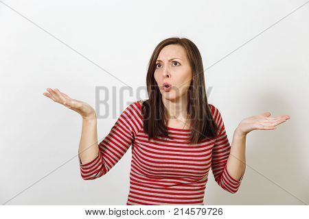 Pretty European Young Worried And Pensive Brown-haired Woman With Healthy Clean Skin, Dressed In Cas