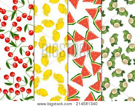 Colorful vintage Cherry, lemon, watermelon and feijoa label poster or pattern. Vector square label, jam, sauce or juice label on a pattern background with soft shadow