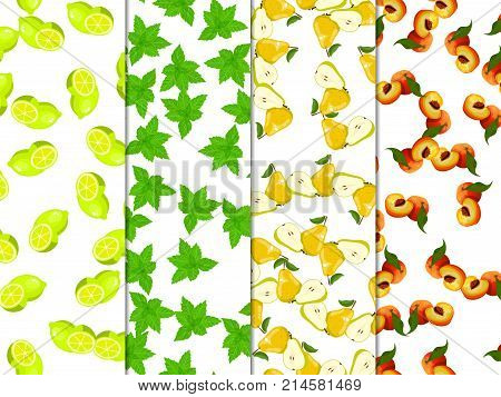 Sweet juicy whole and slice lemon or lime, mint, mojito, pear and peach fruit symbol for jam and juice product label or grocery store, shop and farm market design. jam, sauce or juice label