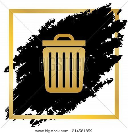 Trash sign illustration. Vector. Golden icon at black spot inside golden frame on white background.