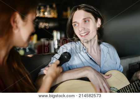 broadcaster takes interview. story coverage. journalism media information communication concept