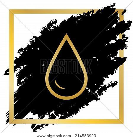 Drop of water sign. Vector. Golden icon at black spot inside golden frame on white background.