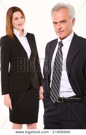 businessman and businesswoman standing in white background