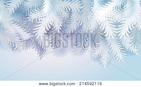 Realistic white paper art cut out pine, fir, spruce Christmas tree branches. Vintage horizontal banner, backgrond, poster decor, card. Vintage Holidays Vector illustartion fow happy New Year and Xmas greetings