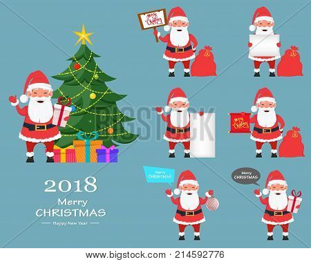 Merry Christmas and a Happy New Year greeting card. Set of Santa Claus. Funny cartoon character. Vector illustration on bright background.