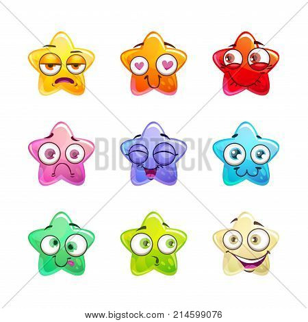 Cartoon colorful glossy star characters set. Vector emoticons icons, isolated on white background.