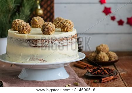 Homemade Fruity Hummingbird Cake With Spices And Pecan Nuts, Rustic Syle.