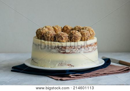 Homemade Fruity Hummingbird Cake With Spices And Pecan Nuts, Rustic Syle.