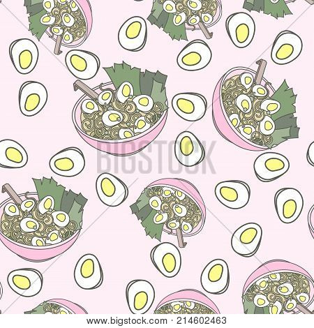 Japanese ramen noodle seamless pattern. Asian fast food. Good for leaflets, cards, posters, prints, menu, booklets.