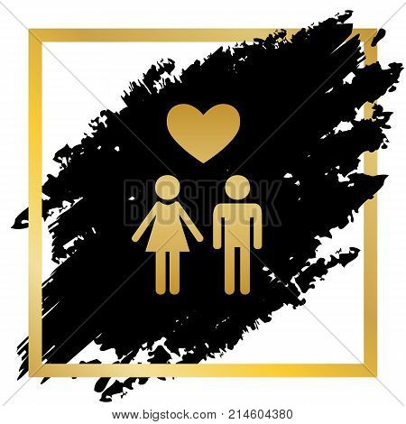 Family symbol with heart. Husband and wife are kept each other's hands. Love. Vector. Golden icon at black spot inside golden frame on white background.