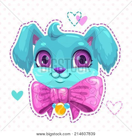 Little cute cartoon blue fluffy puppy face. Funny young dog with big pink bow. Adorable girlish patch template. Cool print for girlie t shirt design.