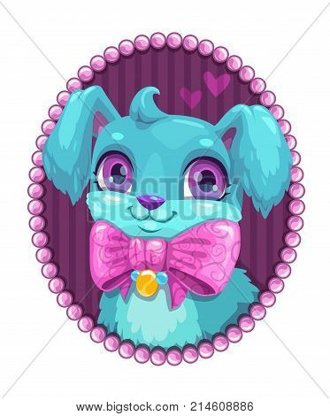 Little cute cartoon blue fluffy dog portrait. Vector puppy princess