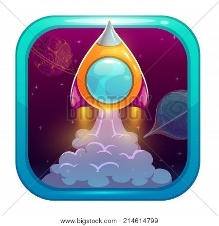 App icon for game or web design with starting orange rocket. Successful fast startup concept. Vector space illustration. Spaceship launch art.